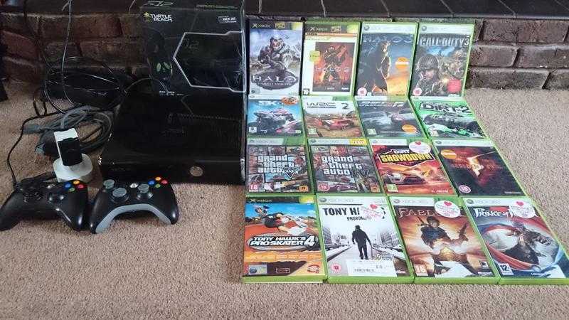 Xbox 360 console with 15 games, controllers, Turtle Beach head phones