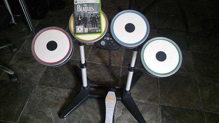 Xbox 360 Drum kit and Beatles rock band game.