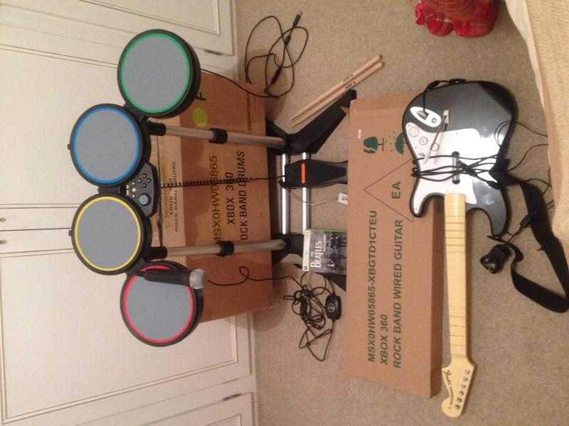 Xbox 360 Rockband  drum kit guitar microphone