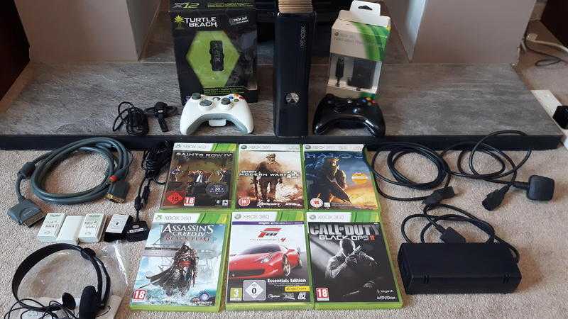 Xbox 360 S 250GB Console Bundle, incl all leads amp HDMI. 2 Controllers amp Headsets. 6 Games.