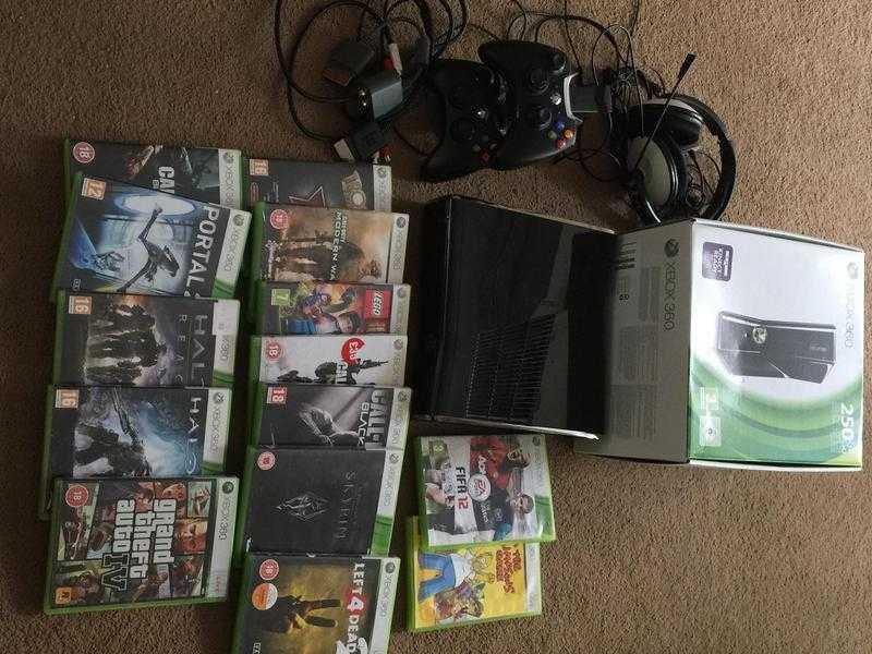 Xbox 360 S 250GB Gloss Model with Turtle Beach XL1 Headset, 14 Games and 2 Controllers.