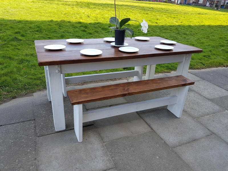 XL chunky rustic farmhouse white family dining table with 2 benches. LOCAL DELIVERY