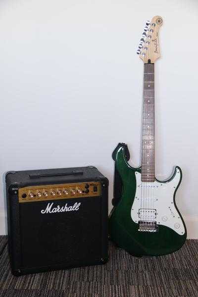 Yamaha Pacifica 112J Guitar, Marshall MG 15DFX Amplifier, and Ritter Padded Guitar Case