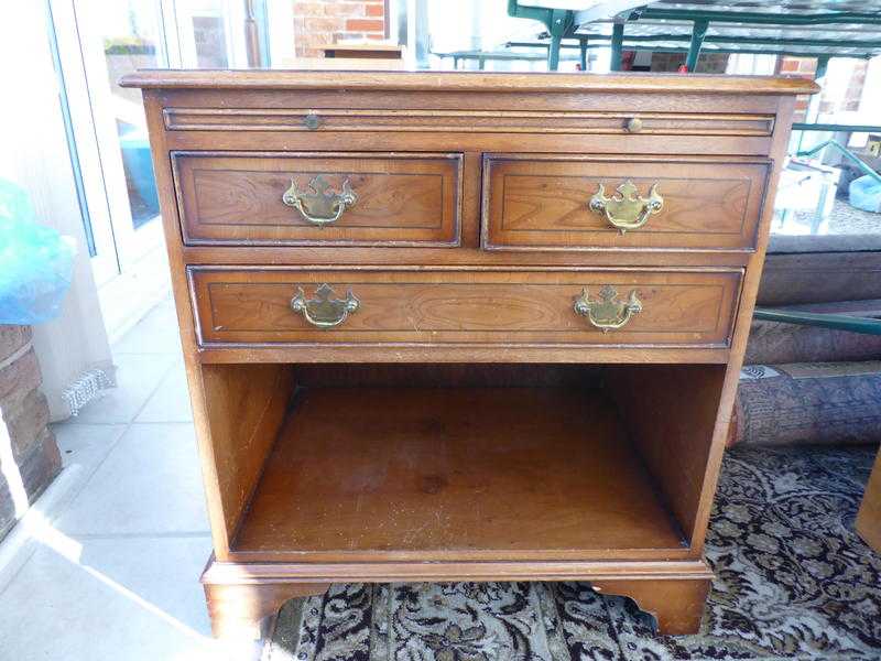 Yew console table with pull-out shelf, 3 drawers and open shelf below